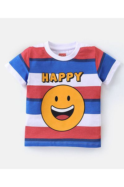 Babyhug طقم بيبي هاج من تي شيرت وشورت بأكمام قصيرة من قماش جيرسي محبوك، بخطوط ورسومات إيموجي - أحمر وأبيض وأزرق