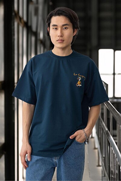 Valiberta Ανδρικό μπλουζάκι με στάμπα τσέπης με δύο κλωστές, βαμβακερό υπερμεγέθη - Προσβαστικό μπλε