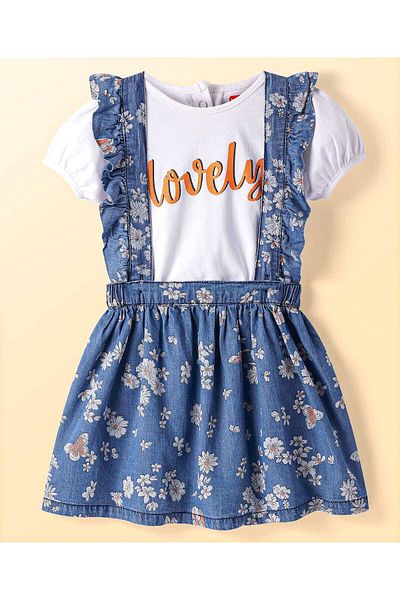 Babyhug Babyhug Single Jersey Top & Skirt Set With Floral & Text Print - White & Blue