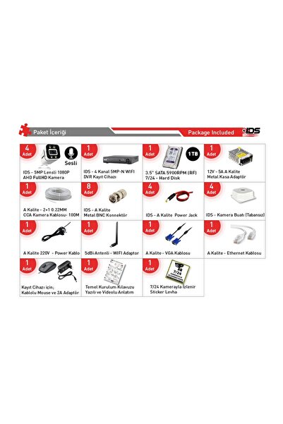 IDS SESLİ - 4 KAMERALI FULLHD GECE RENKLİ VE IŞIKLI GÜVENLİK KAMERASI - KAMERA SETİ 1TB DİSK