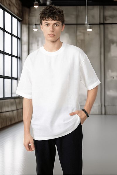 Valiberta Comfortable Fit Muslin Fabric Men's T-Shirt - Ecru