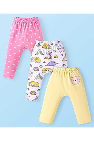 Babyhug Interlock Knit Full Length Diaper Leggings Animal Print Pack of 3 - Pink White & Yellow