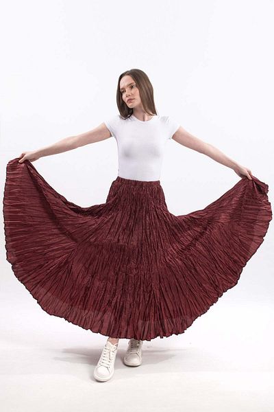Hatun Atila Fusta maxi boemă din satin lucios pliat importat de damă Bordeaux cu talie înaltă Design elegant și confortabil