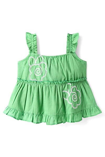 Bonfino بلوزة بونفينو 100% قطنية مطرزة بالورود بدون أكمام ومزينة بكشكشة - خضراء