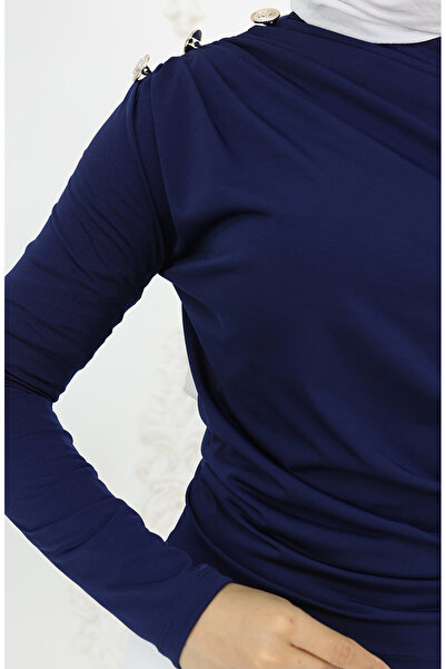 sefamerve Turtleneck Button Detailed Blouse 71267-01 Navy Blue