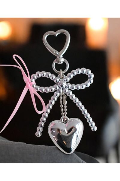 BeyzHal Silver Color Bow and Heart Detailed Charm, Keychain, Bag Ornament Cute and Stylish Design