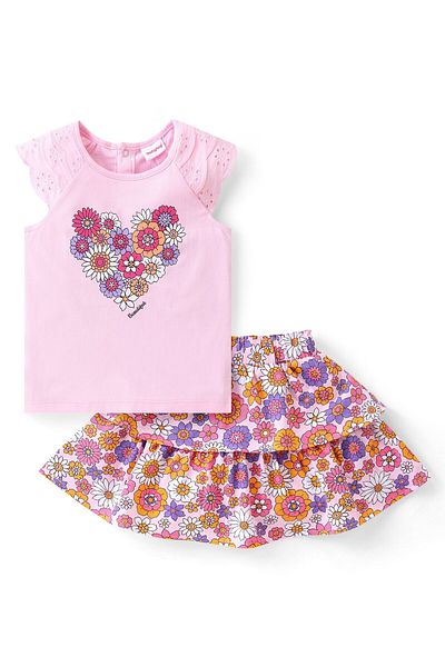 Babyhug Babyhug Single Jersey Knit Half Sleeves Top & Skirt Set with Floral Print - Multicolour