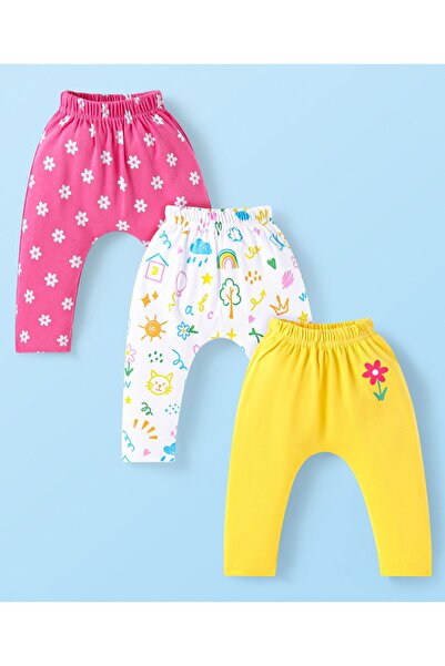 Babyhug Babyhug Interlock Knit Full Length Diaper Leggings Floral Print Pack of 3 - Pink Yellow & White