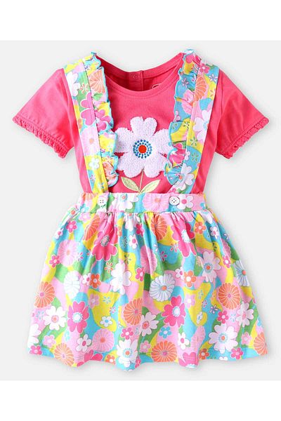 Babyhug Babyhug Single Jersey Knit Top & Skirt Set with Floral Embroidery & Frill Detailing - Pink