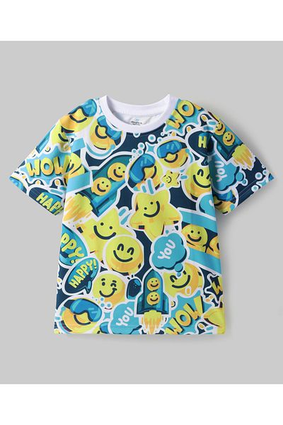 Ollington St. Ollington St. Cotton Knit Half Sleeves Smiley T-Shirt & Star Denim Joggers Set-Blue & Yellow