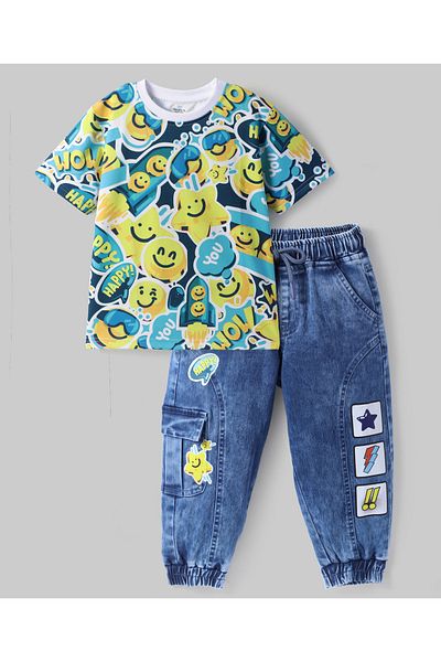 Ollington St. Ollington St. Cotton Knit Half Sleeves Smiley T-Shirt & Star Denim Joggers Set-Blue & Yellow