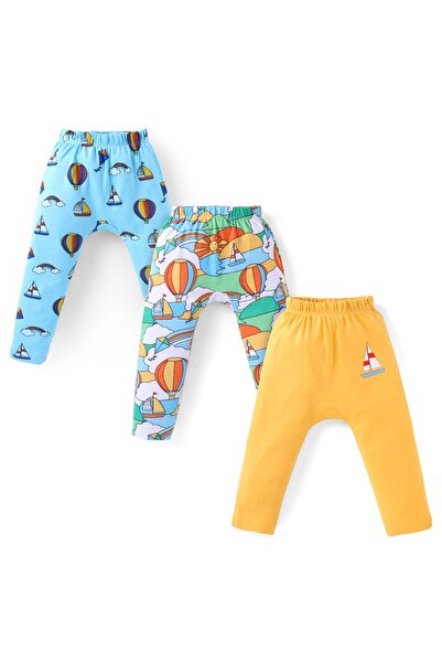 Babyhug Cotton Knit Full Length Diaper Legging Sailboats & Hot Pack Of 3-Aqua Mustard&Sea Green