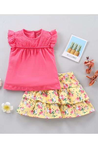 Babyhug Babyhug Frill Sleeves Top and Floral Printed Skirt Set - Pink & Yellow
