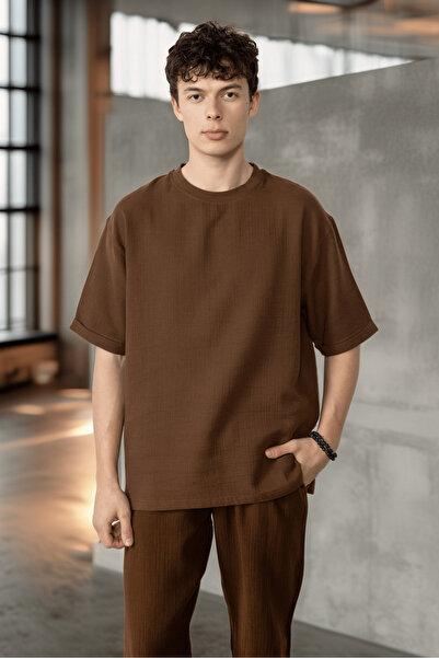Valiberta Ανδρικό T-Shirt από ύφασμα Muslin Άνετο Μοντέλο - Καφέ