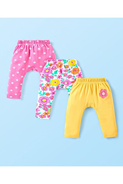 Babyhug Babyhug Interlock Knit Full Length Diaper Leggings Floral & Polka Dots Print Pack Of 3-Pink & Yellow