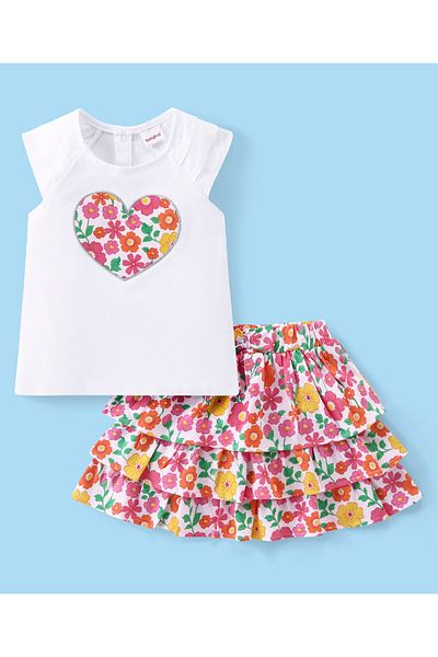 Babyhug Babyhug Cotton Knit Cap Sleeves Top & Layered Skirt With Floral Print - White