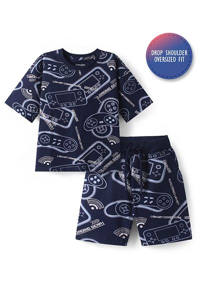 Primo Gino Primo Gino Cotton Knit Oversized Drop Shoulder Sleeve T-Shirt & Short Co-ord Set Gaming -Navy Blue