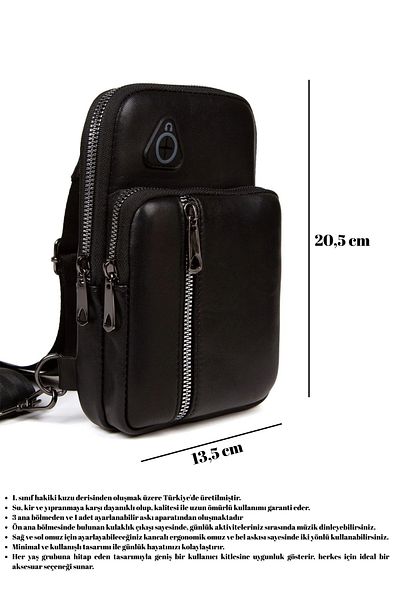 CERFF LEATHER CLUP Geantă neagră de umăr și talie din piele naturală cu compartiment pentru telefon și ieșire pentru căști