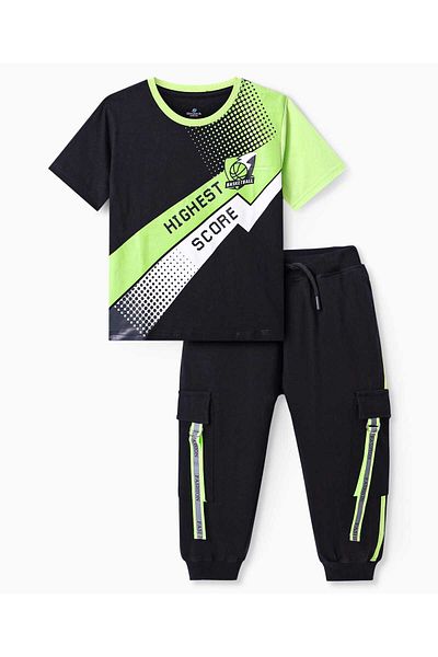 Ollington St. Ollington St. 100% Cotton Knit Half Sleeves T-Shirt & Joggers Set With Basketball Print - Black