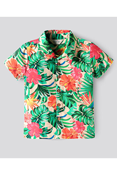 Bonfino Bonfino Woven Half Sleeves Oversized Resort Collared Shirt & Shorts Set Tropical -Green & Beige