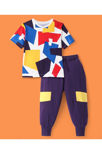 Ollington St. Ollington St. 100% Cotton Knit Half Sleeves Abstract Print T-Shirt & Joggers Set - White & Navy