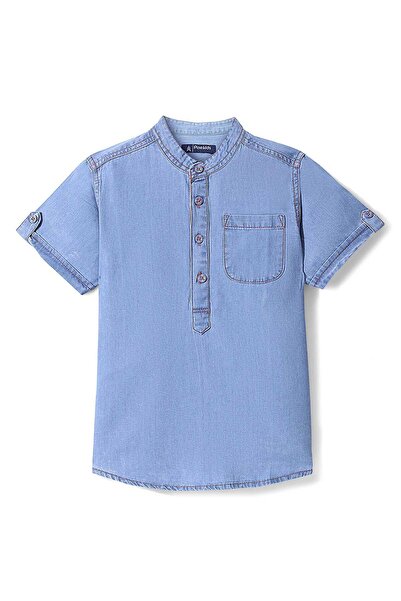 Pine kids Pine Kids Denim Woven Half Sleeves Mandarin Collar Washed Shirt - Light Blue