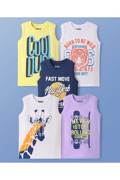 Pine kids Pine Kids Cotton Knit Sleeveless Tank T-Shirts with Cool Dude Text Print Pack Of 5 - Multicolor