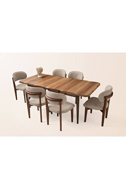 Evistro Ahşap Salon Yemek Masa Sandalye Takımı 6 Nergis Sandalyeli Ortadan Aç...