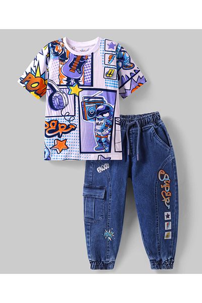 Ollington St. Ollington St. Cotton Knit Half Sleeves T-Shirt & Denim Joggers Set With Superstar Print-White & Blue