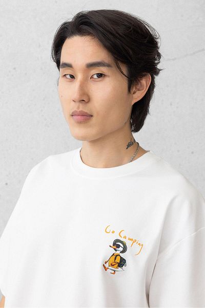 Valiberta Pocket Printed Two Thread Fabric Cotton Oversize Men's T-Shirt - Ecru