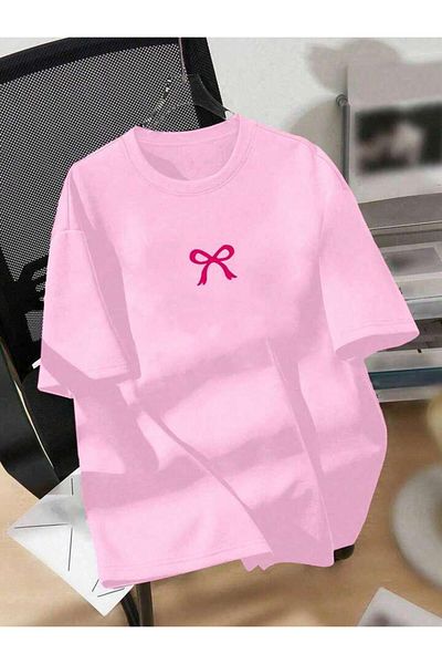 trendgar tricou oversize cu imprimeu cu fundita roz