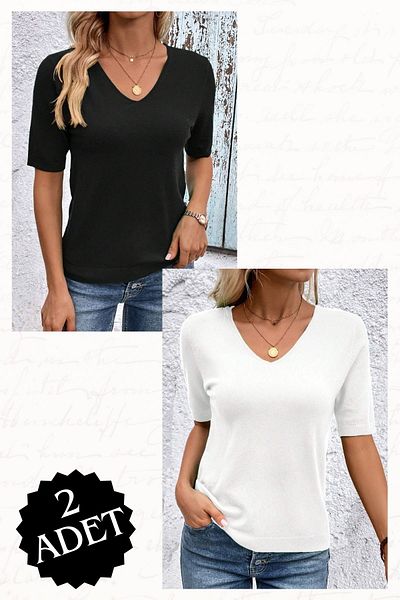 AQE FASHION 2 Pieces Lycra V-Neck Stretchy Short Sleeve Knitwear Blouse Black-White