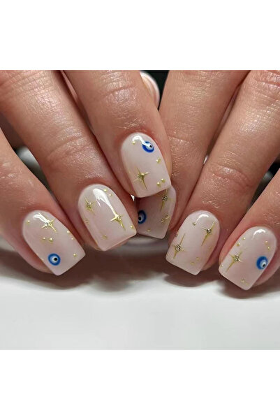 Takıtolia Jelüx - Nazar 24 Adet Nazar Boncuklu Altın Yıldızlı Kısa Kare Yapıştırma Tırnak Sanatı Seti Nail Art