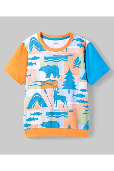 Ollington St. Ollington St. Cotton Knit Half Sleeves T-Shirt Abstrack Print&Solid Color Joggers Set-Blue&Mustard