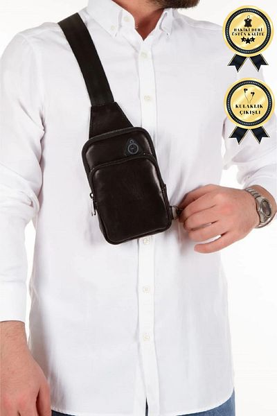 CERFF LEATHER CLUP Μαύρη τσάντα ώμου & μέσης από γνήσιο δέρμα με θήκη τηλεφώνου & έξοδο ακουστικών