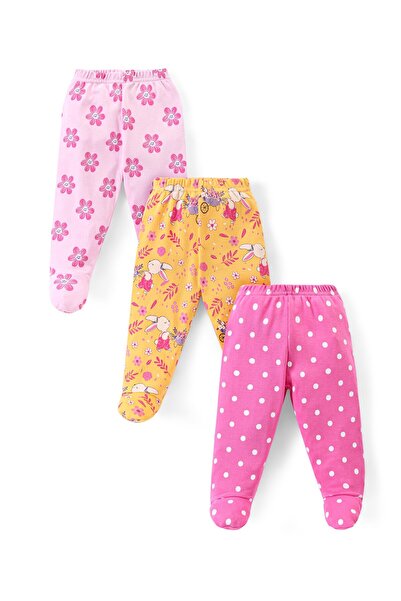Babyhug Babyhug Cotton Knit Bootie Leggings With Floral Print Pack of 3 - Pink & Yellow