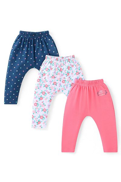 Babyhug Cotton Knit Full Length Diaper Leggings Floral &Polka Dots Print Pack Of 3-Pink White &Navy