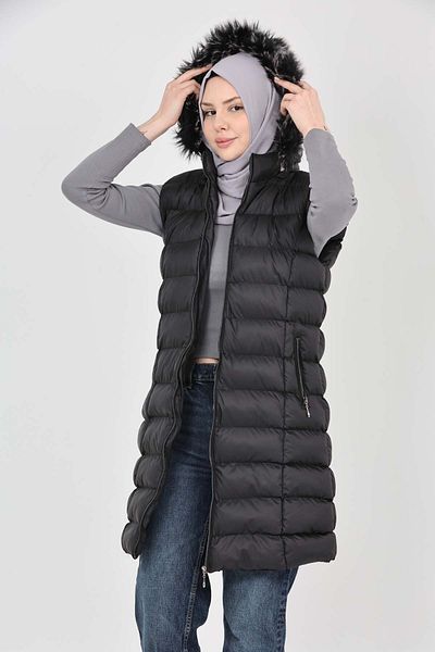 S&V TEKSTİL Women's Black Hijab Inflatable Vest Coat