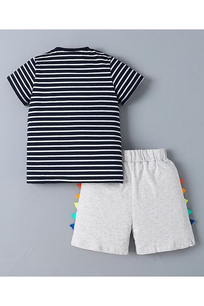 SAPS SAPS 100% Cotton Crocodile Patch & Striped Short Sleeves T-Shirt & Shorts Set - Navy & Grey
