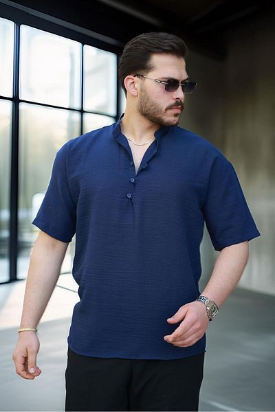 Valiberta Oversize Half Placket Bamboo Short Sleeve Shirt - Navy Blue