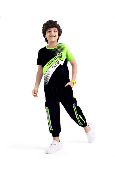 Ollington St. Ollington St. 100% Cotton Knit Half Sleeves T-Shirt & Joggers Set With Basketball Print - Black