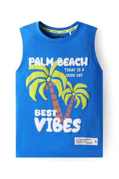 Pine kids تيشيرت باين كيدز من القطن بدون أكمام بطبعة نص بالم بيتش - أزرق