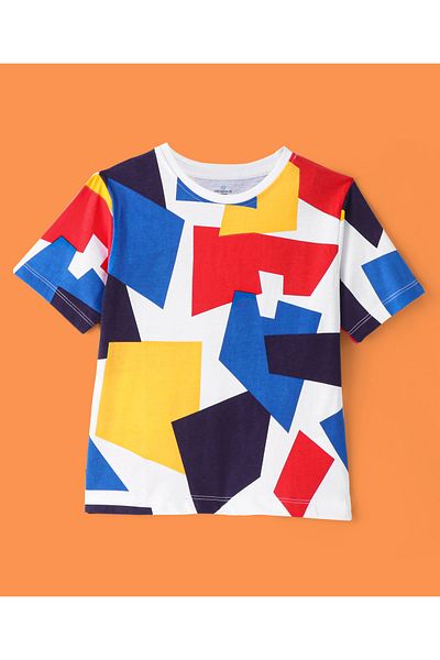 Ollington St. Ollington St. 100% Cotton Knit Half Sleeves Abstract Print T-Shirt & Joggers Set - White & Navy