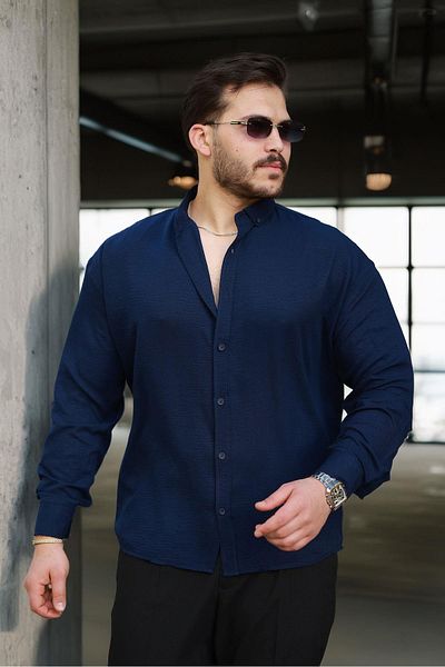 Valiberta Soft Textured Half Oversize Men's Shirt - Navy Blue