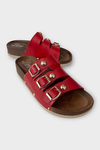 Liger Papuci de zi cu zi pentru femei, cu cataramă, cu trei benzi, ortopedice, elegante, acasă, plajă, vacanță, papuci de lucru, roșu