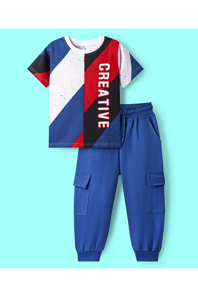 Ollington St. Ollington St. Cotton Half Sleeves Text Printed T-Shirt & Shorts - White & Blue