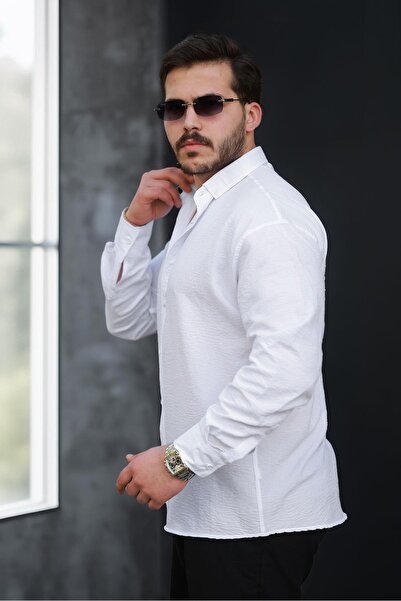 Valiberta Cămașă pentru bărbați cu textura moale pe jumătate supradimensionată - albă