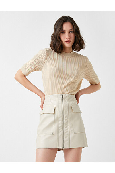 Koton Strickpullover aus geripptem, kurzärmligem Kaschmir mit Struktur