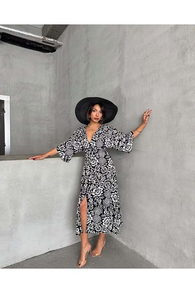 BE CHİC Rochie midi lungă de zi cu zi pentru femei, cu decolteu dublu, cu imprimeu floral, cu talie elastică SG1001-1