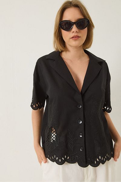 Bianco Lucci Women's Jacket Collar Openwork Short Sleeve Embroidered Linen Shirt 60283016